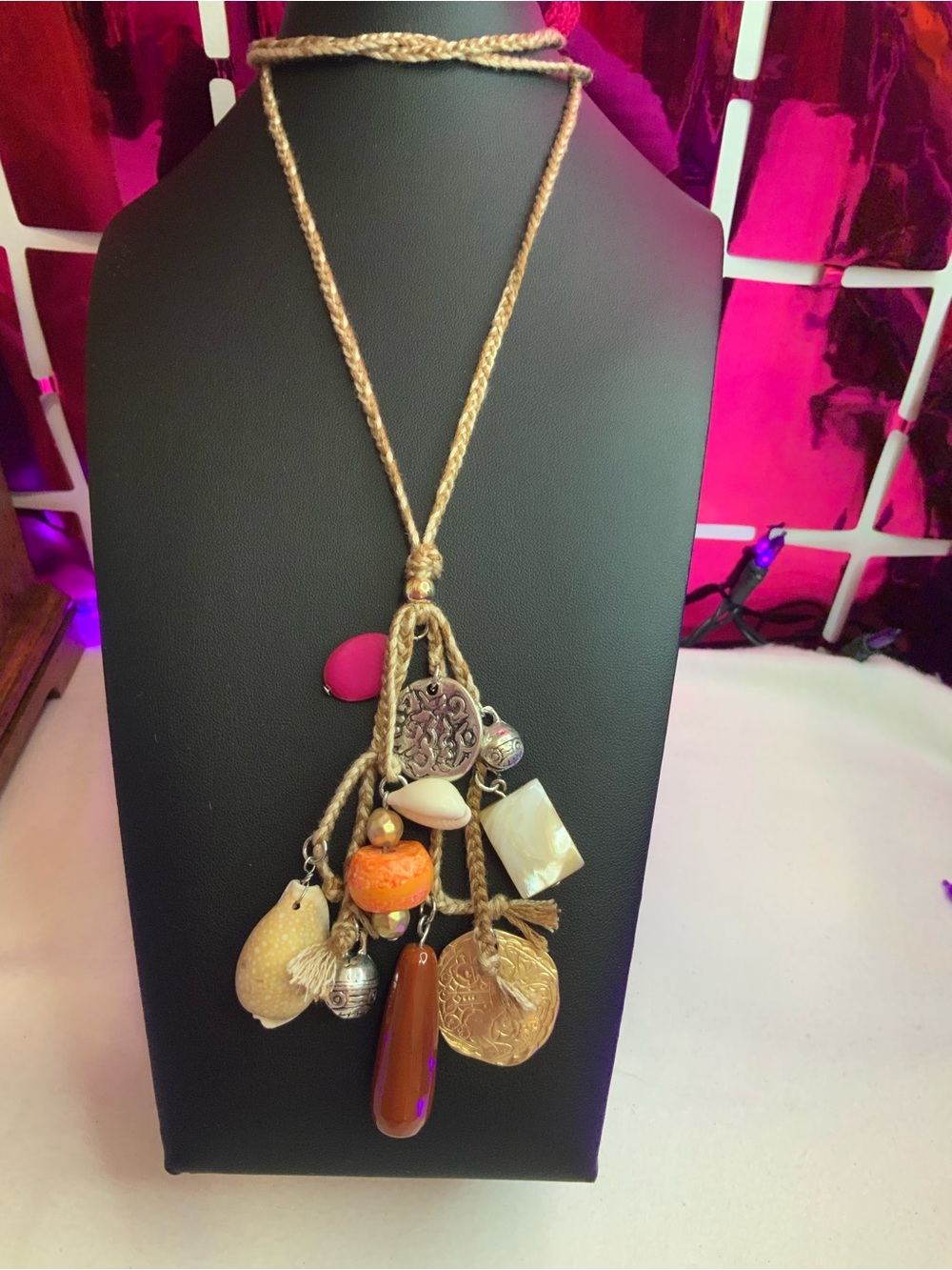 J. Jill 36” Beige Cord Necklace with Orange, Pink and Brown Charms (Z-11)